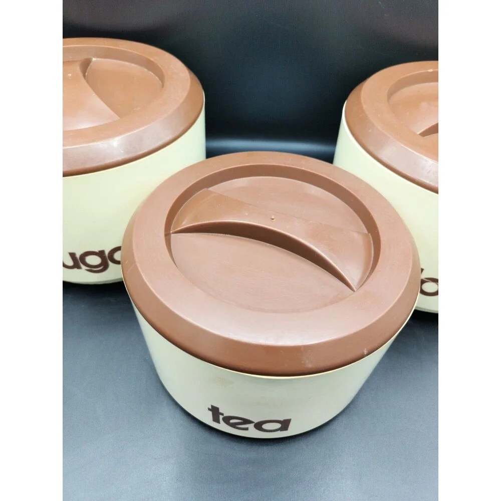 Vintage Sterilite 3 Piece 70s Canister Set Flour Sugar Tea Brown Plastic Lidded